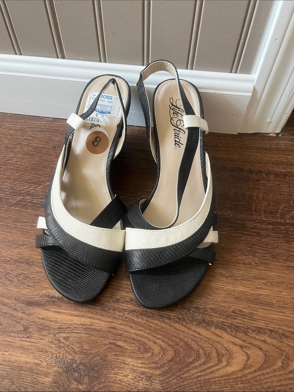 Life Stride Black & Cream Wedge Slingback Heels
